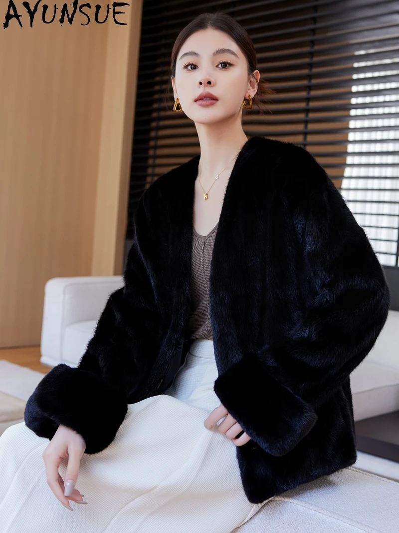 AYUNSUE 天然ミンクの毛皮のジャケット女性 V ネック高級毛皮のジャケット女性の服高品質の新しいアウターウェア Кофта С Мехом