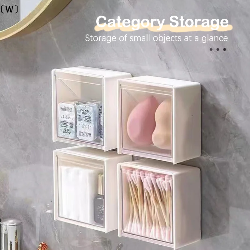 〔W〕Wandmontierte Aufbewahrungsboxen aus Kunststoff, staubdichter Badezimmer-Organizer für Wattestäbchen, Make-up, Klebstoff, kleine Schmuckaufbewahrungsbox