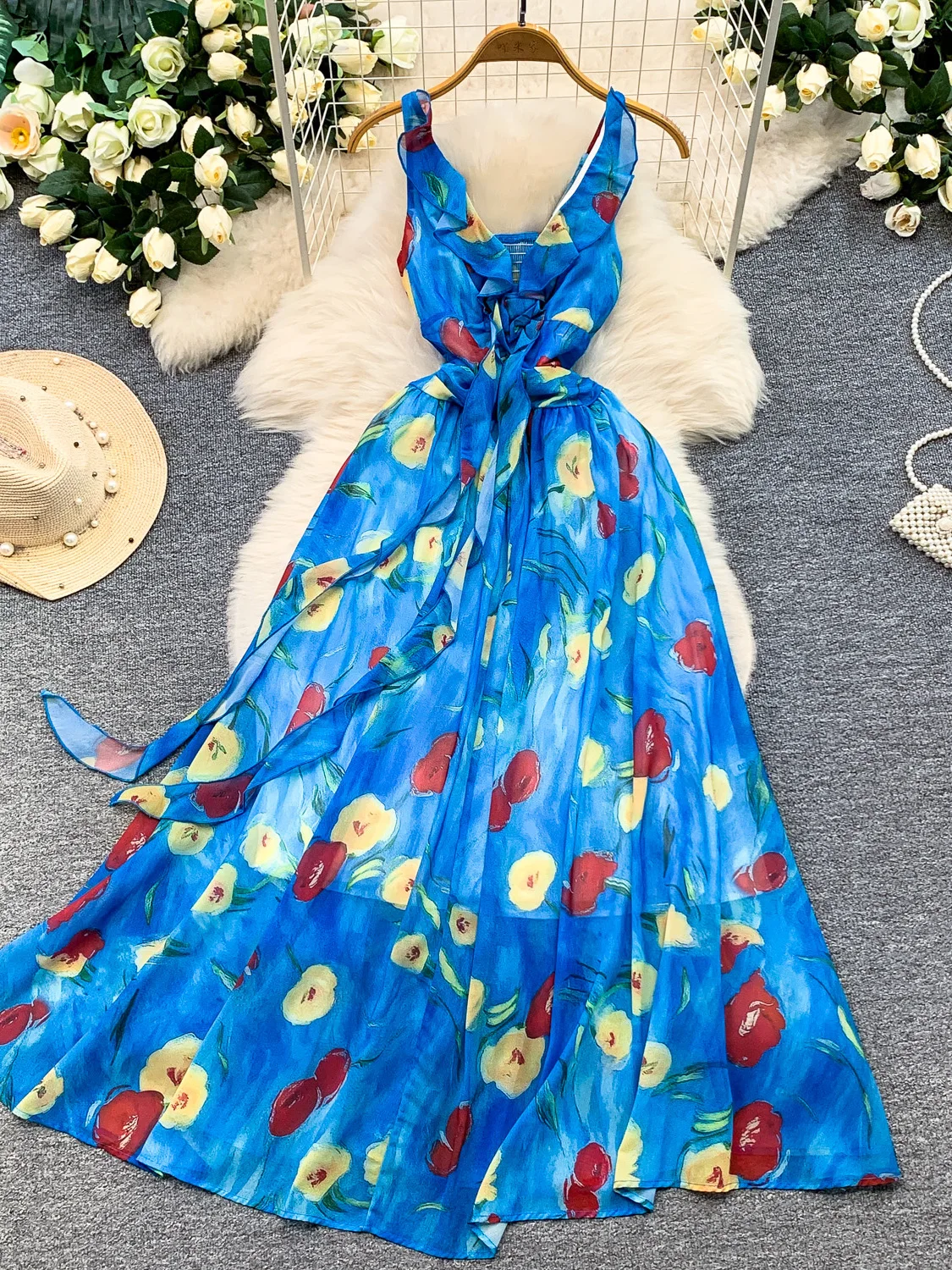 Elegant V-neck Printed Hem Long Dress Women's Summer Slimming A-line Dress Breathable Comfortable Print Fabric Casual Style