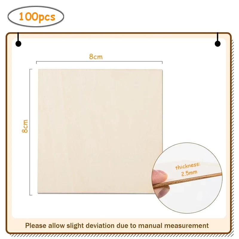 100pcs 8cm Unfinished Wooden Square Blank Natural Wood Slices Cutout Tiles for DIY Crafts Home Decoration Painting Staining