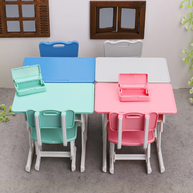 Miniature Simulation Children's Study Desk Toy With Pencil Case School Supplies Dollhouse Mini Furniture Educational Toy