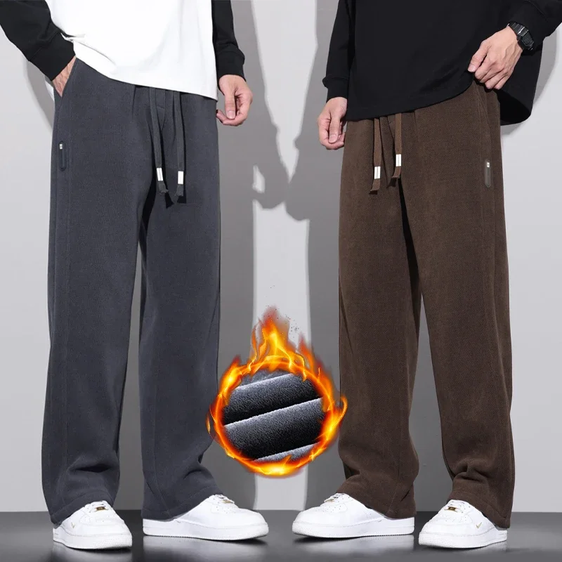 

Winter New Men Fleece Corduroy Pants Casual Thick Warm Soft Baggy Straight Korea Fashion Plush Joggers Cargo Trousers Male