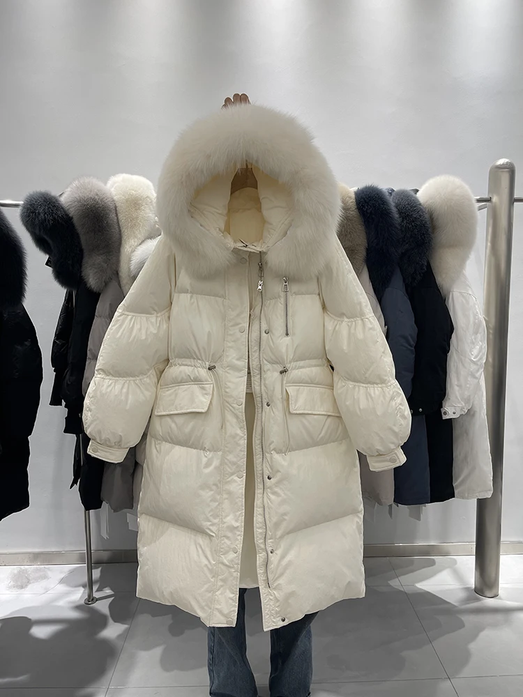 Korean style fox fur collar down jacket 2025 winter new women's waist cinching fashionable thick mid length jacket