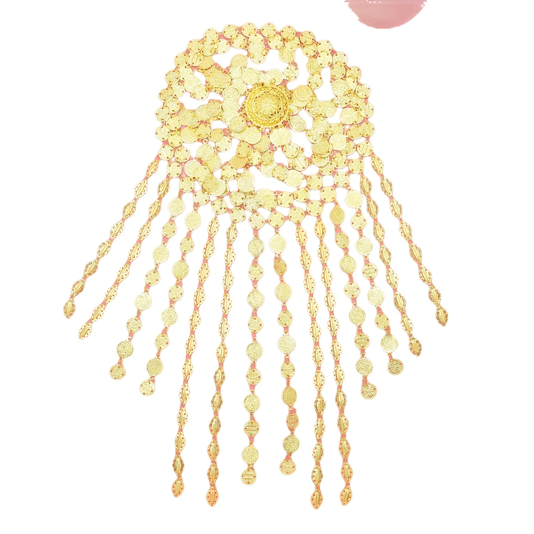 Rideau de style cour vintage du moyen-orient, masque en forme de pièce de monnaie, collier de danse, couvre-chef créatif, bandeau. Tendance du Moyen-Orient