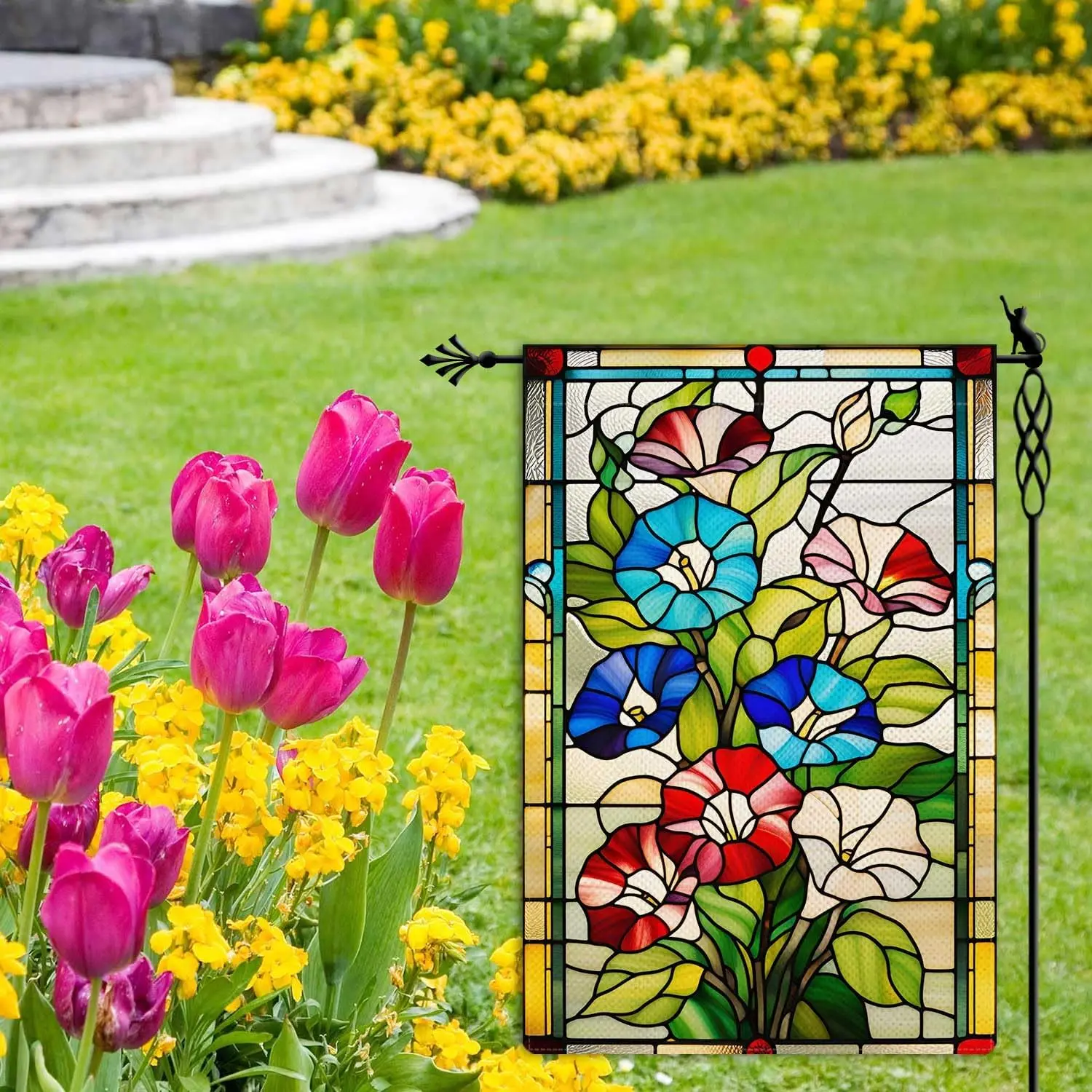 Spring Colorful Morning Glory Garden Flag Stained Glass Style Spring Summer Floral Flower Garden Flag Vertical Double Sided  ZZM