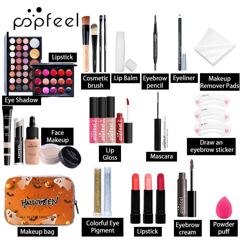 Kit per il trucco Popfeel più venduti Set completo Ombretto Eyeliner Sopracciglia Lucidalabbra Correttore Blush Regali di Halloween per le donne Cosmetici