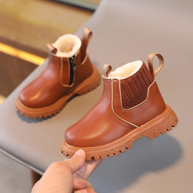 Plus Velvet Children Warmth Boots Comfortable Simple Side Zipper Design Non-Slip Handsome Shoes