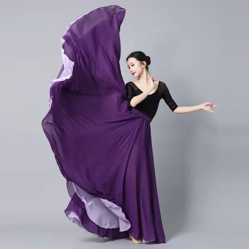 Saia de dança de chiffon flamenco para mulheres 720 graus cor sólida saias longas dançarina prática usar saia estilo chinês com bainha grande