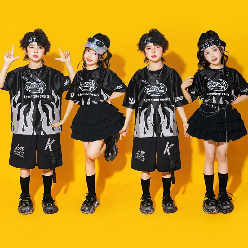 

2026 Black Hip Hop Clothes Children Jazz Stage Outfit Cheerleading Team Performance Costume Black Silver Top Cake Skirt AMY3621