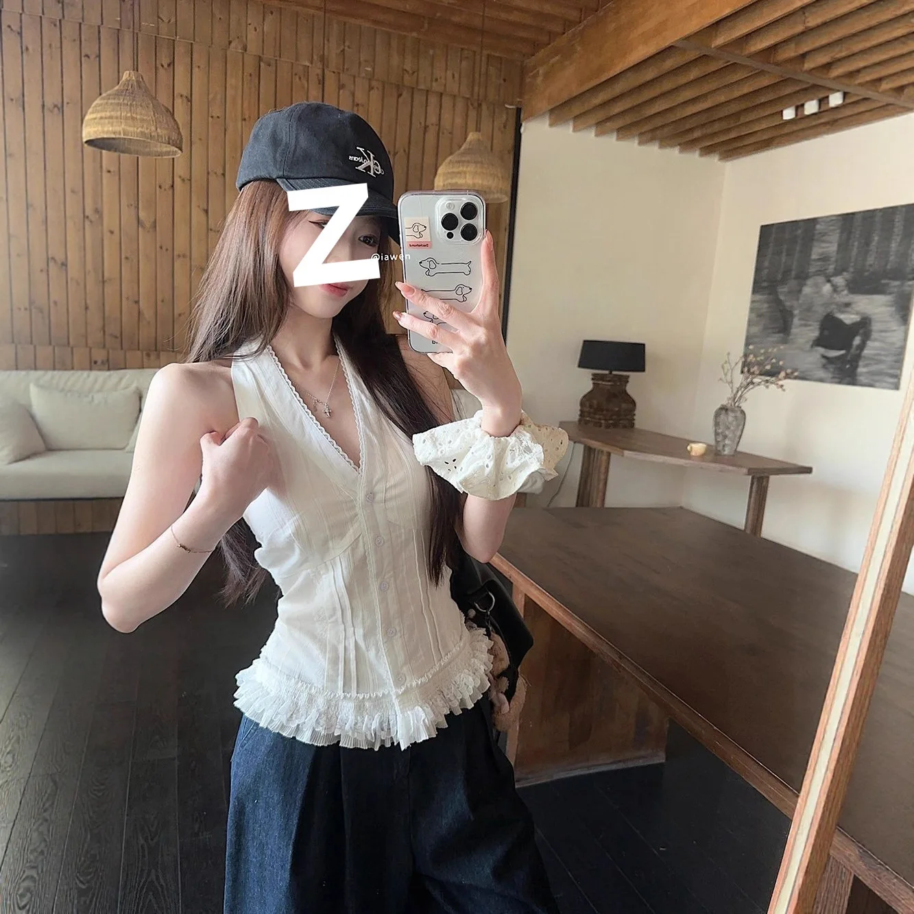 

Pure Desire Style Lace Trim White V-Neck Halter Top Summer Niche Design Waist-Cinching Sleeveless Camisole For Women