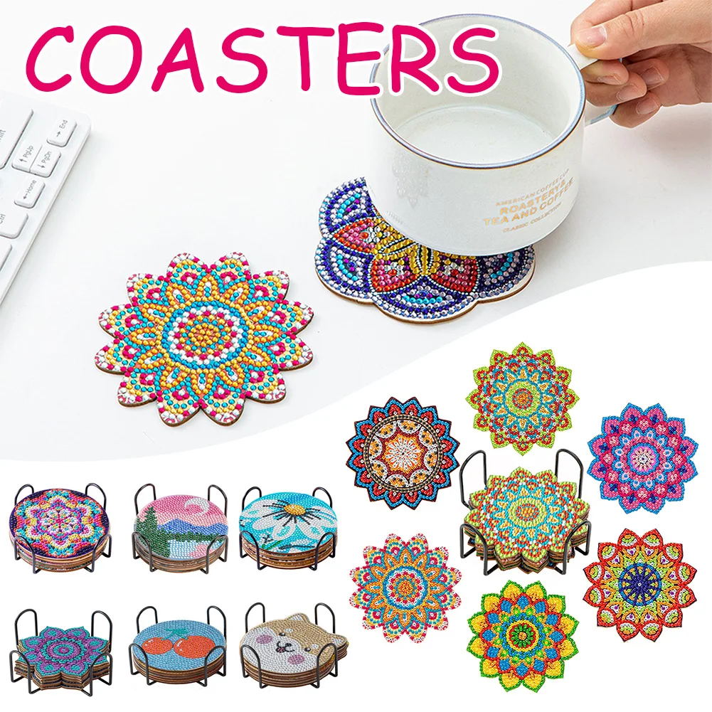 6pcs DIY Colorful Diamond-Painting Coaster Set with Holder DIY Diamond Art Painting Coaster Heat-Resistant Desk Drinks Mug Pad