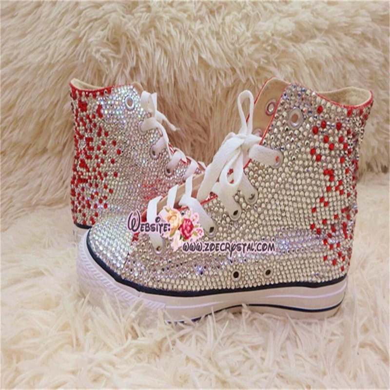 High top lace up red rhinestones creative canvas shoes for women banquet wedding all casual sports big size women\'s shoes 35-44