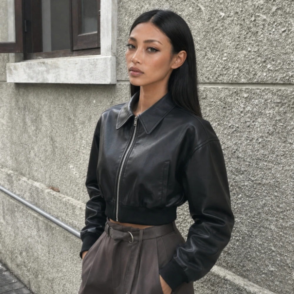 Vintage PU Leather Jacket 2026 Autumn New Ladies Zipper Lapel Long Sleeve Pocket Coat With Belt Fashion Women's Loose Streetwear