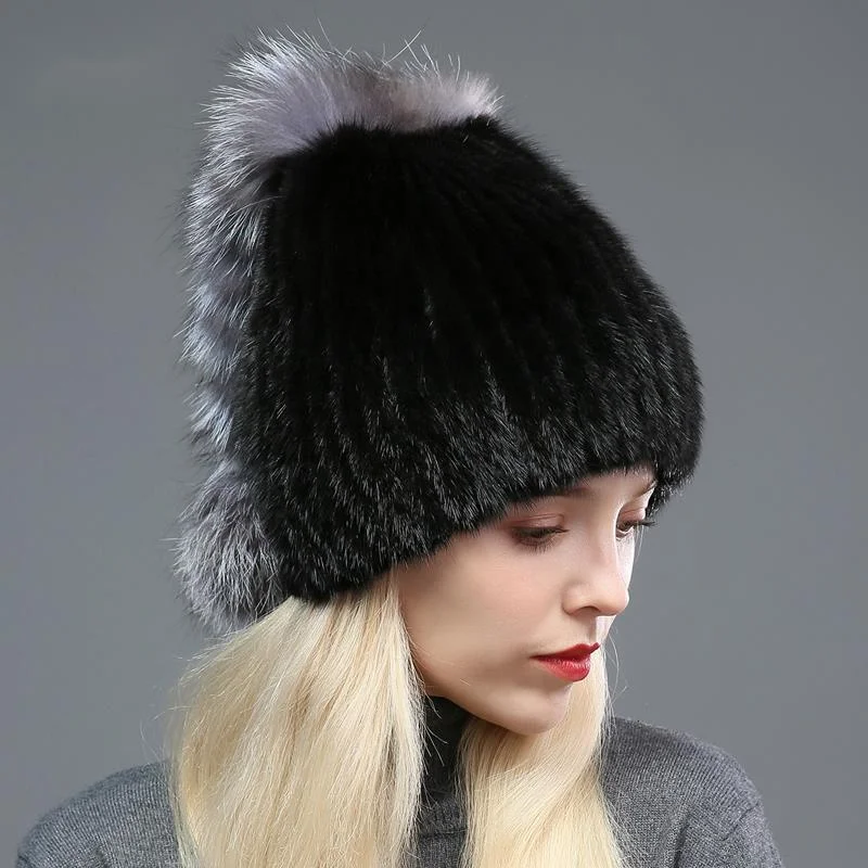 Real Mink Fur Hat For Women Winter Thickened Warm Fur Hat With Fox Fur Ball Handmade Knitted Bomber Caps Russians Real Fur Hats