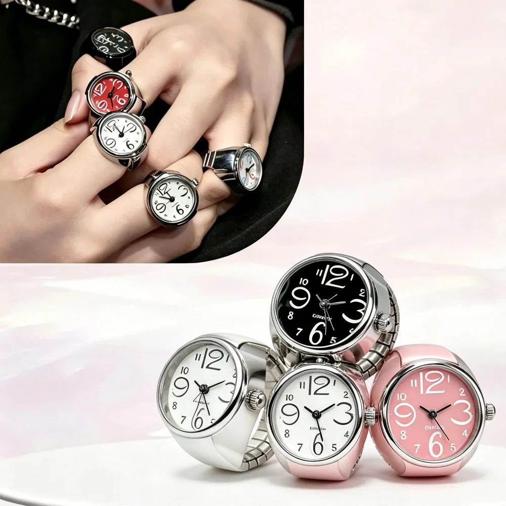 Creative Alloy Finger Ring Watch, Circular Dial Couple Jewelry for Men and Women
