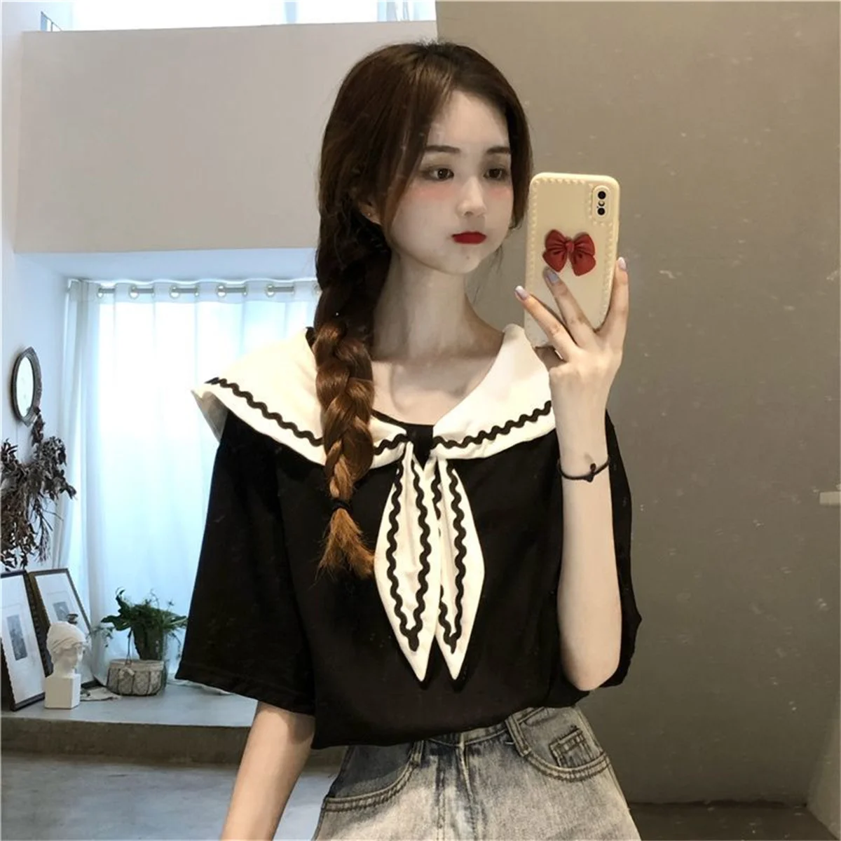 

Spring Summer New Fashion Casual Scarf Collar Sweet Knitted T-shirt Female Short Sleeve All-match Pullover Tee Women's Clothing