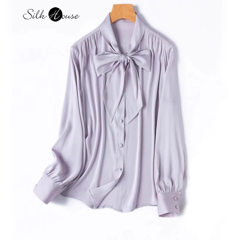 

Soft Sticky 93% Natural Mulberry Silk Elastic Double Qiao Satin Ribbon Bow Collar Long Sleeved Commuting OL Style Shirt