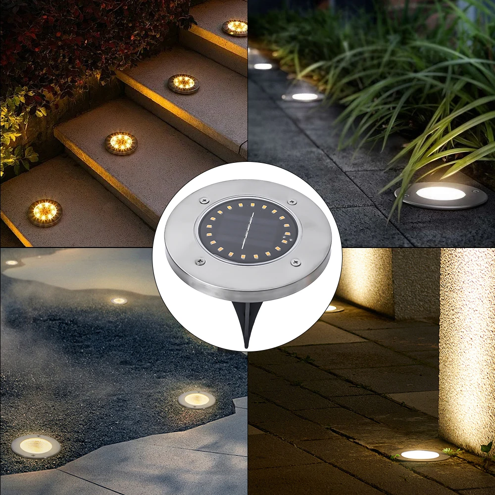 20LEDs Solar Power Disk Lights Outdoor Ground Plug-in Waterproof Solar Charging Lamp Underground Deck Spotlights Garden Decor