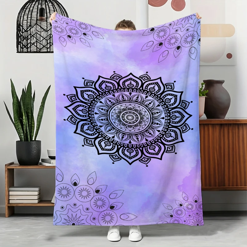 Purple Blue Watercolor Mandala Zen Fleece Blanket For Serene Bedroom Decor Soft Warm Throw Blanket Wrap
