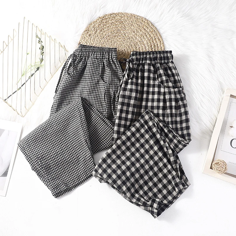 

Retro Cotton Linen Plaid Casual Pants Spring Summer Elastic Waist Harlan Nine Points Women's High Waist Long Pants