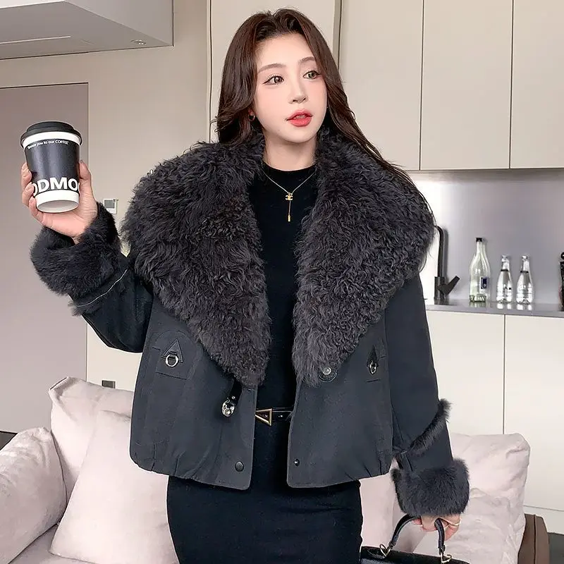 Jaket bulu angsa wanita baru 90% bulu bebek plus bulu kelinci, kerah wol, mantel pendek Haining