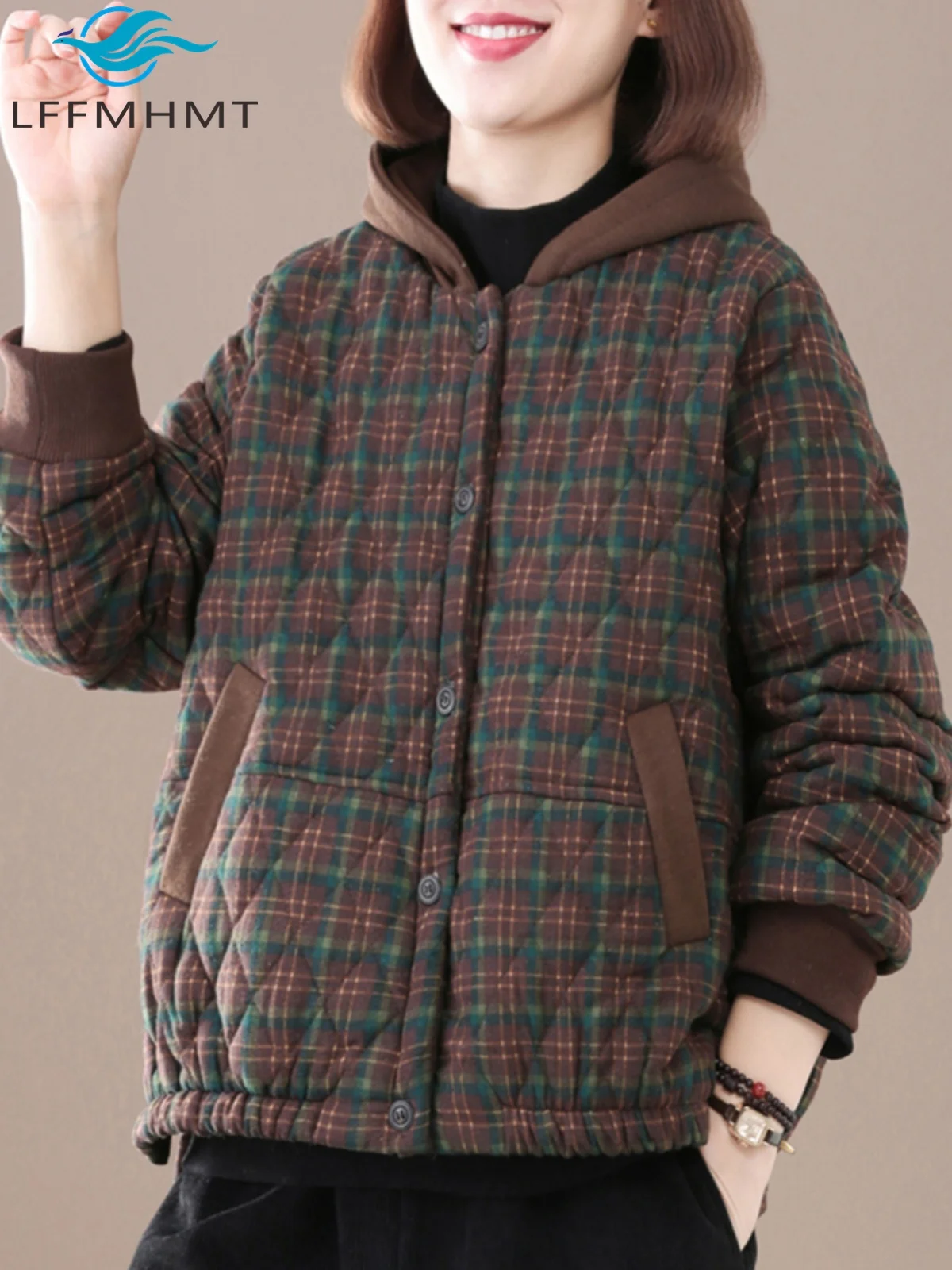 Cotton Down Coats for Women Winter Fall Fashion High-end Vintage Plaid Long Sleeve Warm Thicken Casual Hoodie Jackets