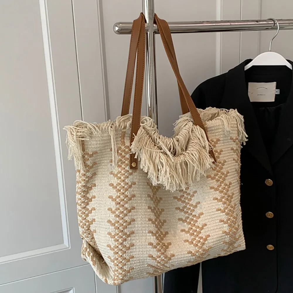 

Легкая эко-сумка с принтом и кисточками, сумка на плечо с вышивкой, сумки большой вместимости, романтическая корейская холщовая сумка, пляжная