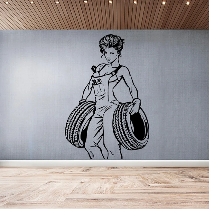 Sexy Girl Decor For Garage Auto Service Repair Wheels Wall Sticker Vinyl Interior Design Window Decals Removable Mural 4038