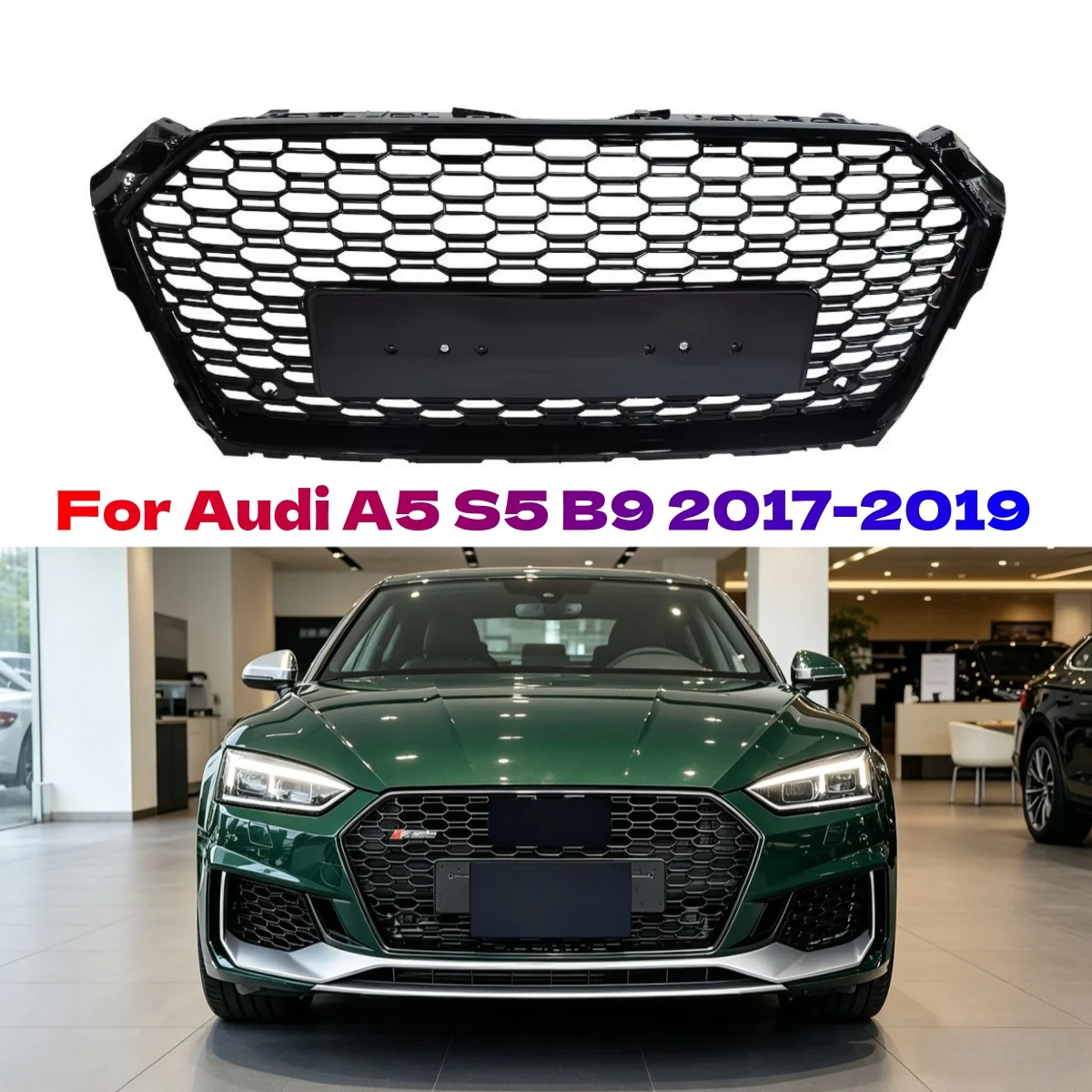 

Решетка радиатора в стиле RS5 для Audi A5 S5 B9 2017-2019, глянцевая черная, с сотовой структурой, для тюнинга переднего бампера