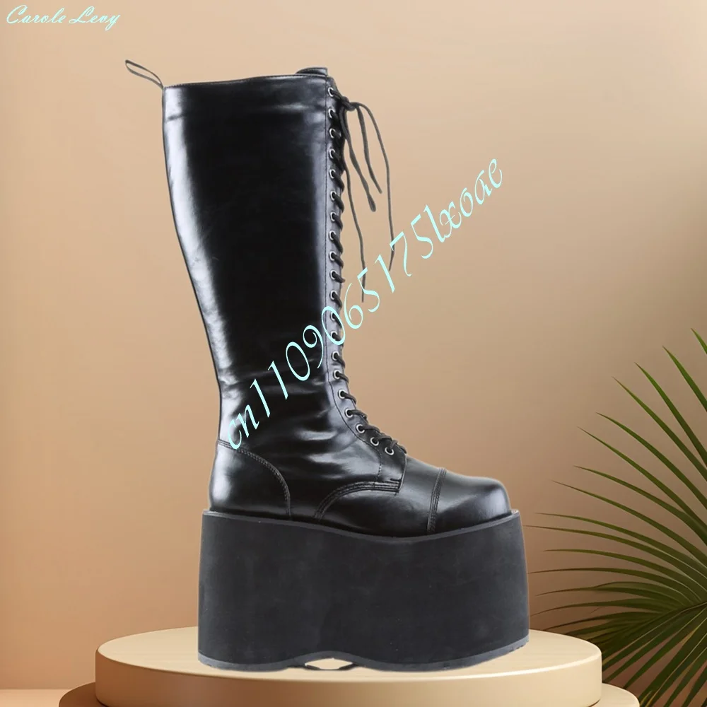Black Thickness Platform Cosplay Mid Calf Boots Round Toe Wedges High Heel Performance Stage Women Shoes Short Boots Para Mujers