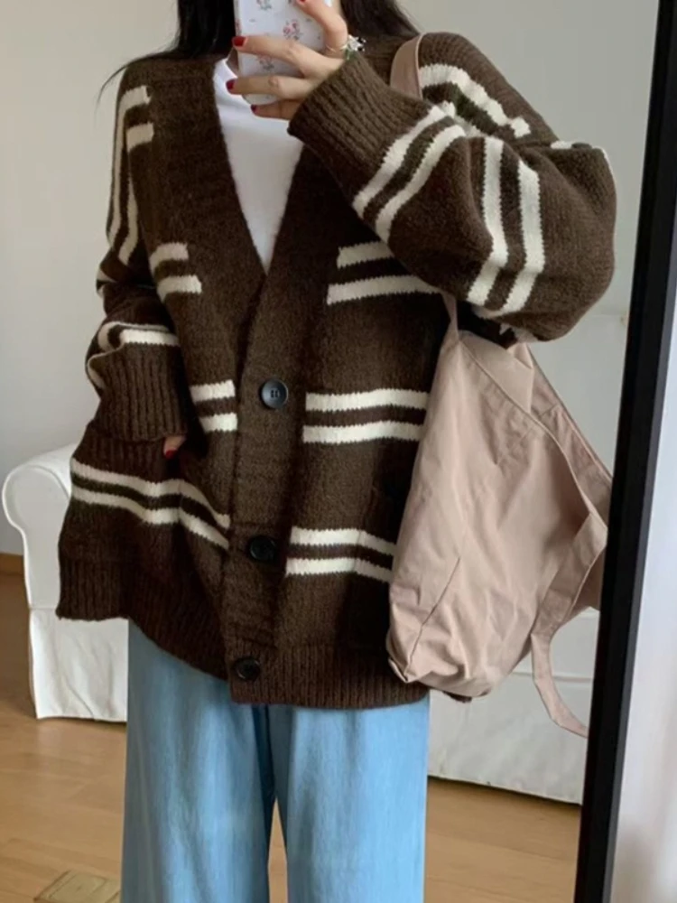 

Korobov Korean Winter Casual Striped V Neck Single Breasted Pockets Loose Knitted Cardigan