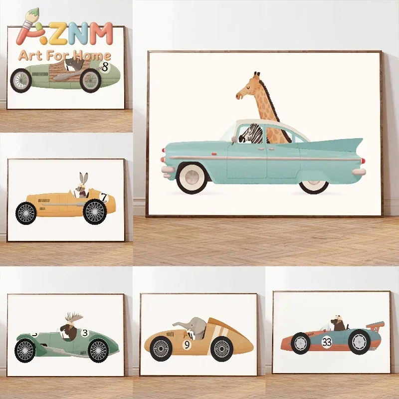 AZNM Cute Animal Vintage Race Car Canvas Wall Art Giraffe Elephant Zebra Driving Retro Car Print Unframed Canvas Poster for Kids