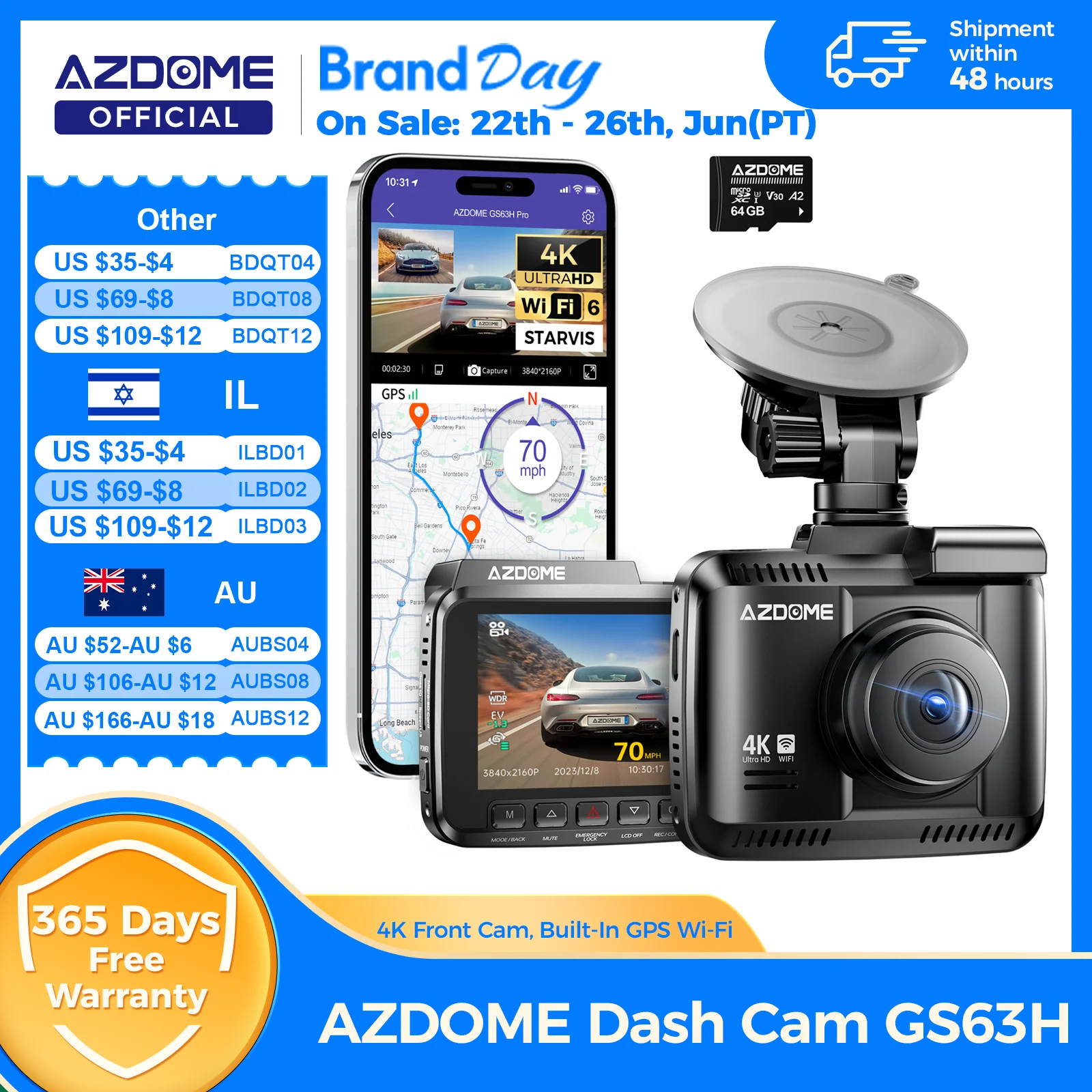 מצלמת רכב AZDOME Dash Cam GS63H 4K עם GPS ו-Wi-Fi