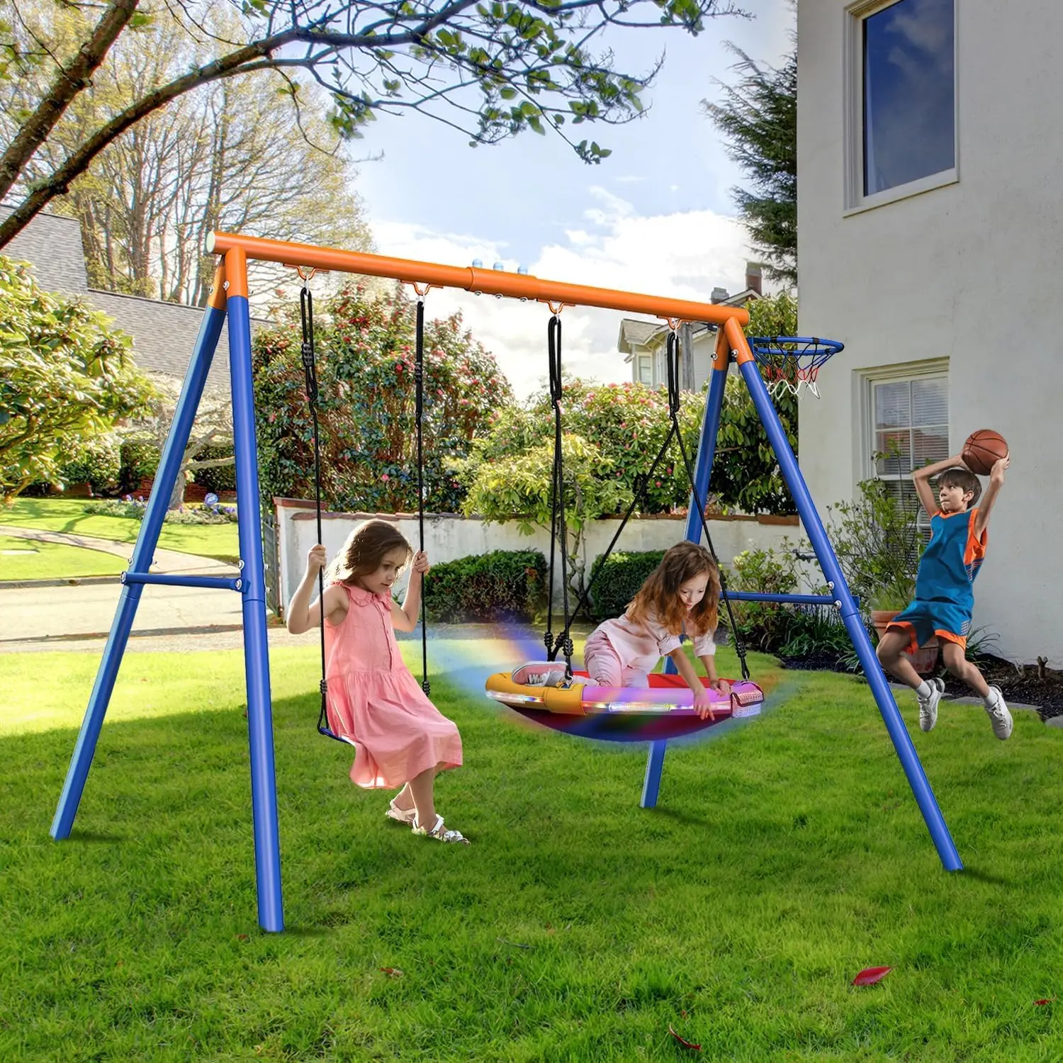 Ensemble de jeu extérieur 4 en 1 avec balançoire à disque volant, support et toboggan pour jardin, équipement de terrain de jeu robuste de 440 lb pour enfants et T