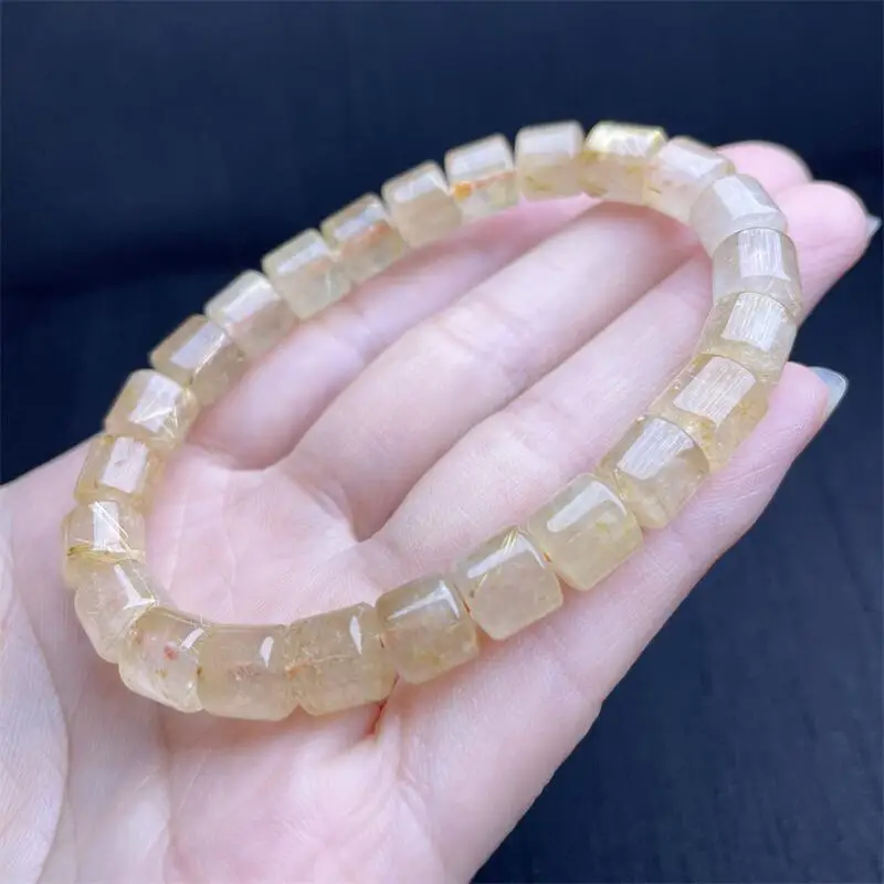 Natural Gold Rutilated Quartz Bucket Bead Bracelet Handmade Crystal Quartz Jewelry Stretch Bangle Children Birthday Gift 1pcs