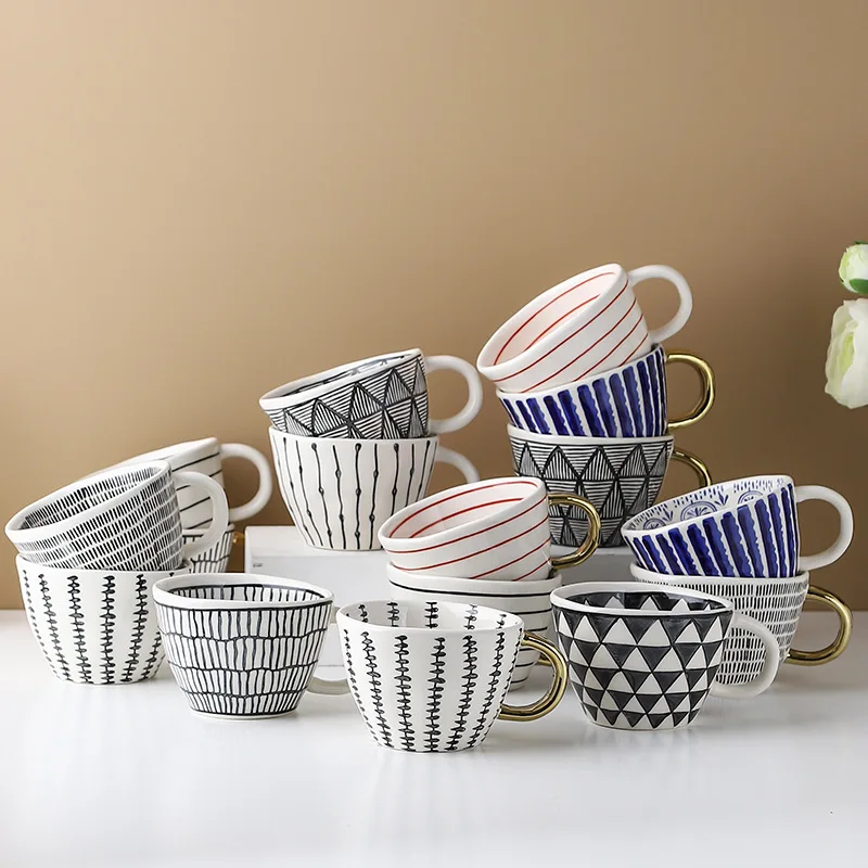 Hand Painted Ceramic Coffee Mug Nordic Handmade Irrgeular Geometric Cups for Milk Tea Large Size Breakfast Cup Birthday Gift