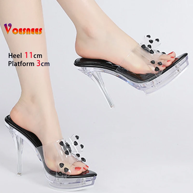 

2025 Black High Heels 11cm Platform 3cm Women Slippers Thin Heels Pointed Head Ladies Pumps Clear Bow Rivet Stiletto Party Shoes
