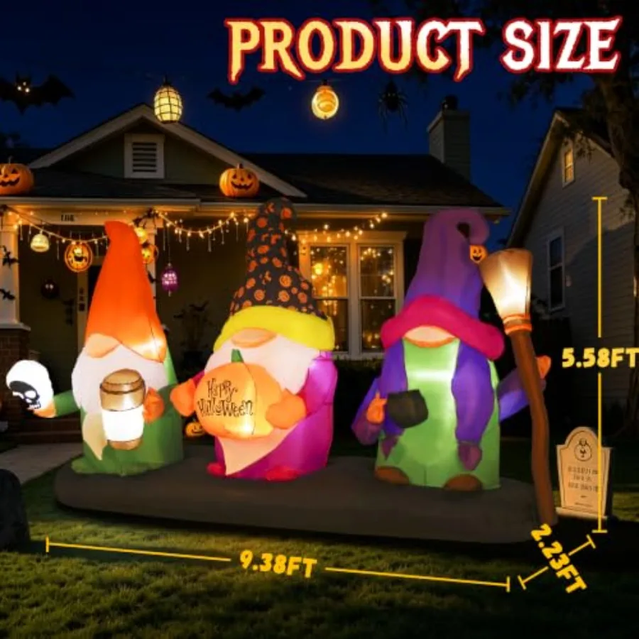 Outdoor Halloween Inflatable Decoration: 9 Feet Tall Gnome Trio with Pumpkins and LED Lights, PVC Material, Orange and Green, S