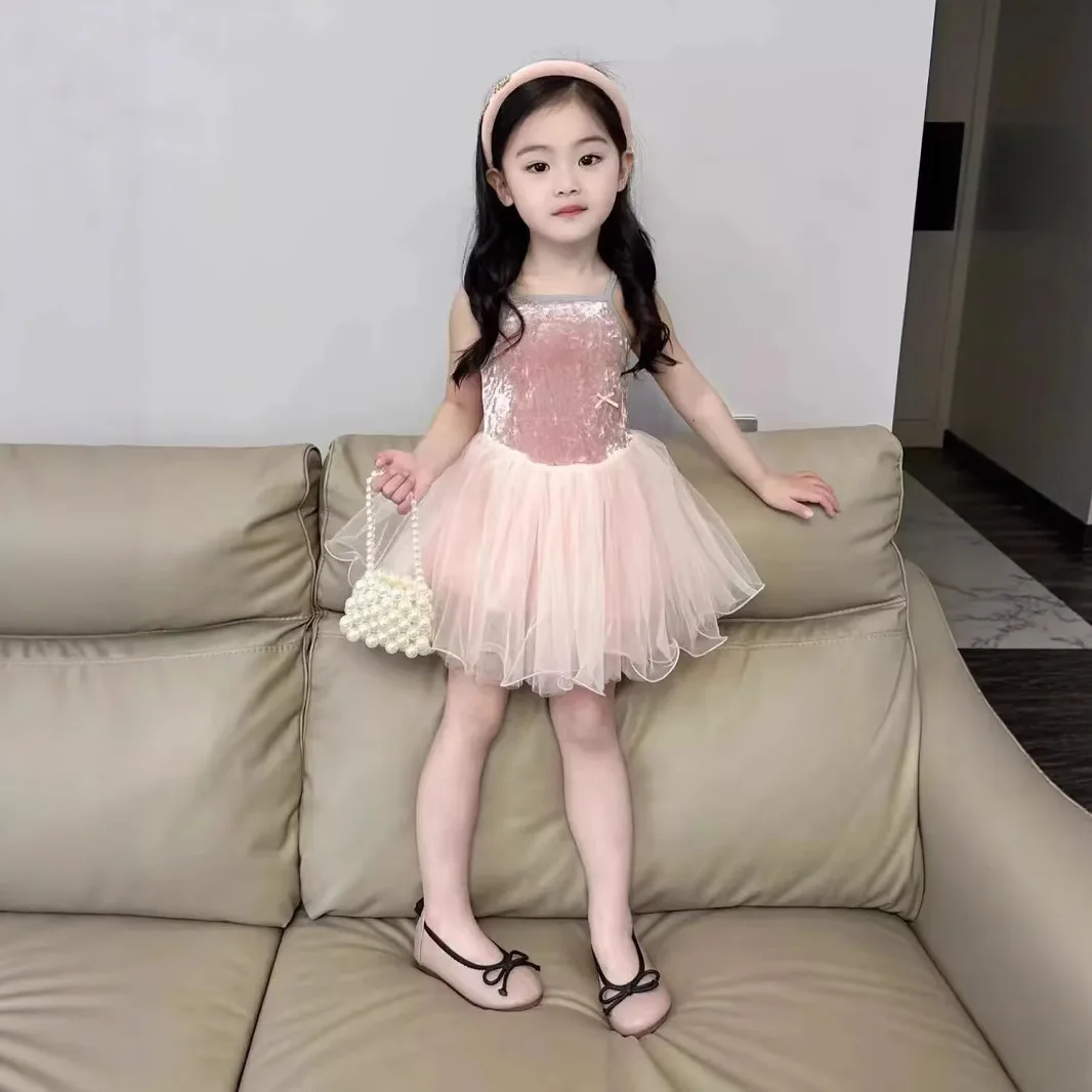 2025 Summer Girls' Pink Top Tulle Dress - Shimmer Strapless Princess Party Gown with Layered Skirt Birthday Gift for Baby 2-7 Y