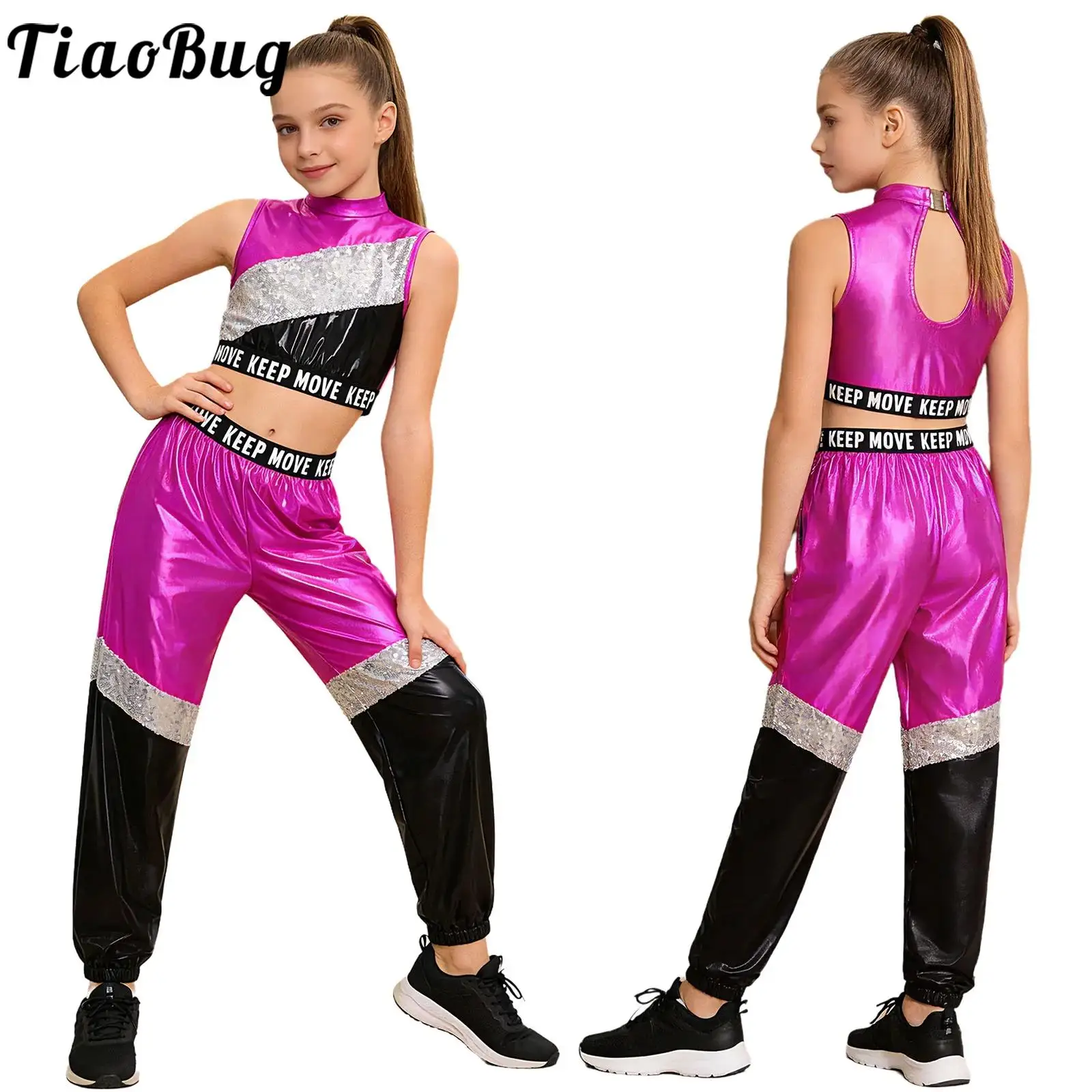 Kinder Mädchen Metallic Hip Hop Jazz Street Dance Outfit Ärmellose Pailletten Crop Tops Hosen Schule Show Bühnenkostüm