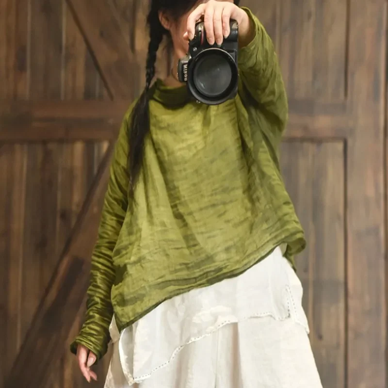 

Women Turtleneck Ramie T-Shirts Long Sleeve Solid Color Spring Tees 2025 Spring New Women Casual Loose T-Shirts E7134
