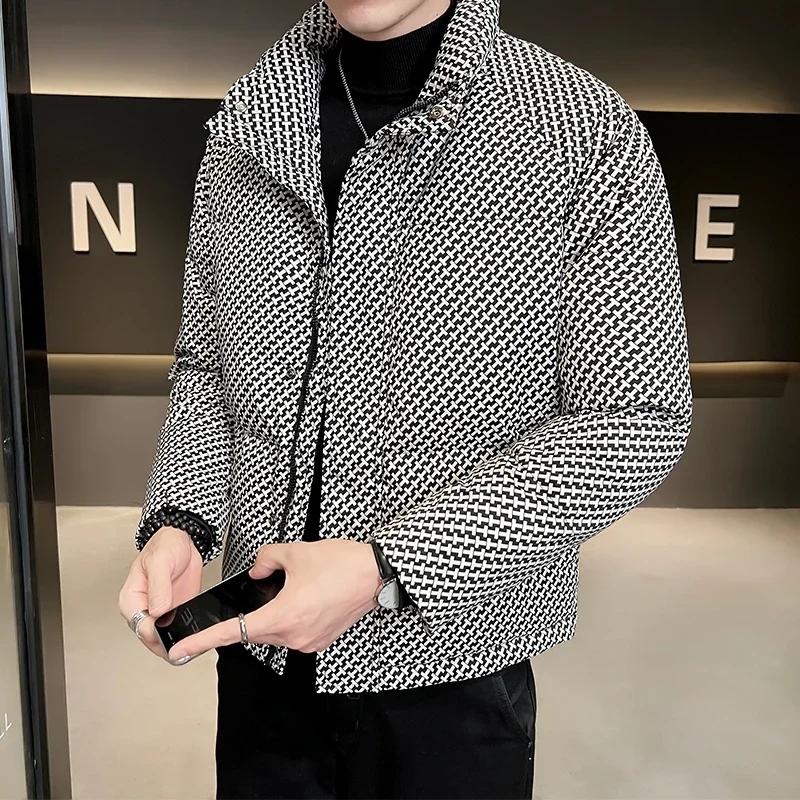 Winter New Simple Trend Stand-up Collar Men\'s Checked Jacket White Eiderdown Jacket Can Go with High-quality Warm Mens Coat