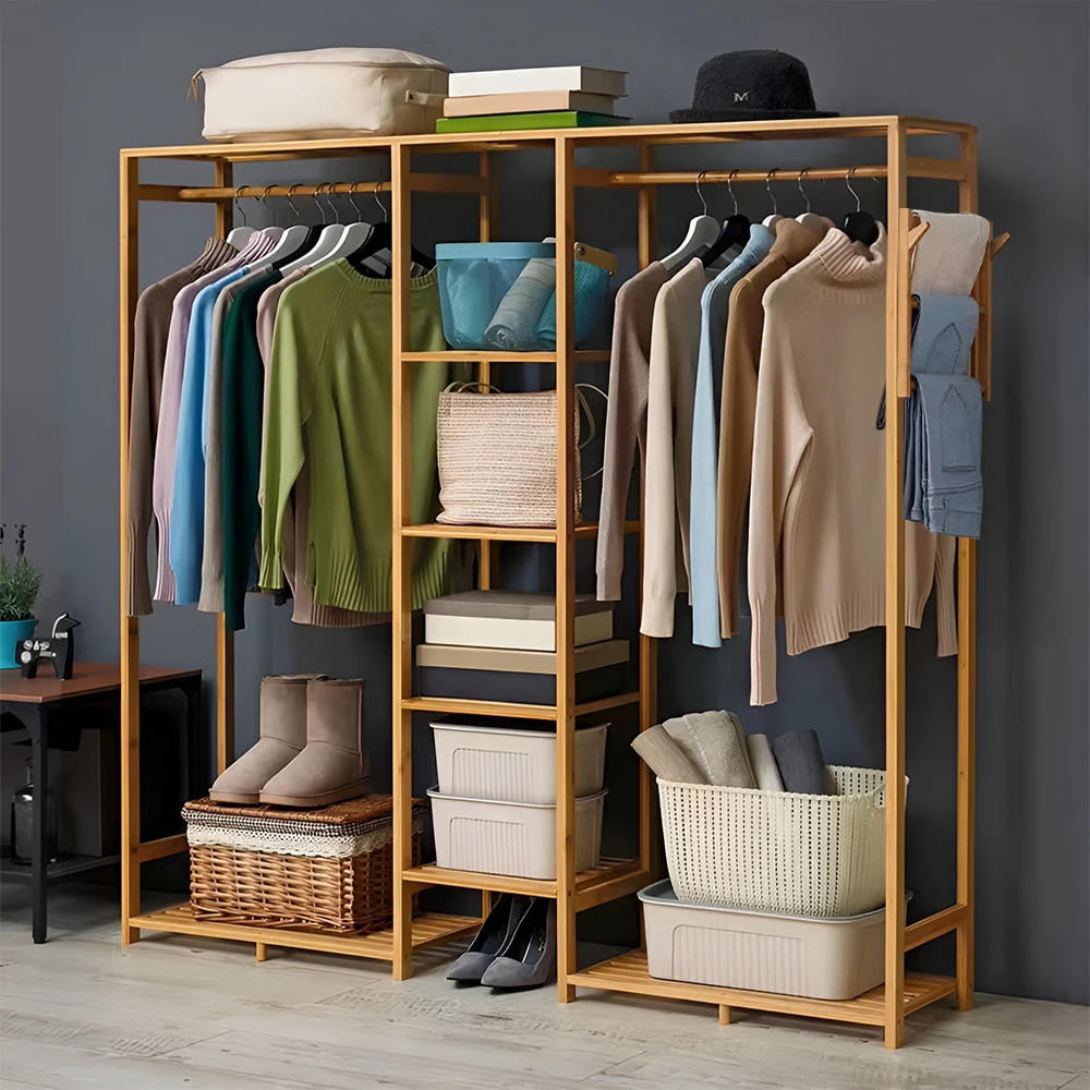 

6 Tier Bamboo Wooden Clothes Rack with Side Hooks Garment Rack Open Shelves Clothing Hanging Organizer