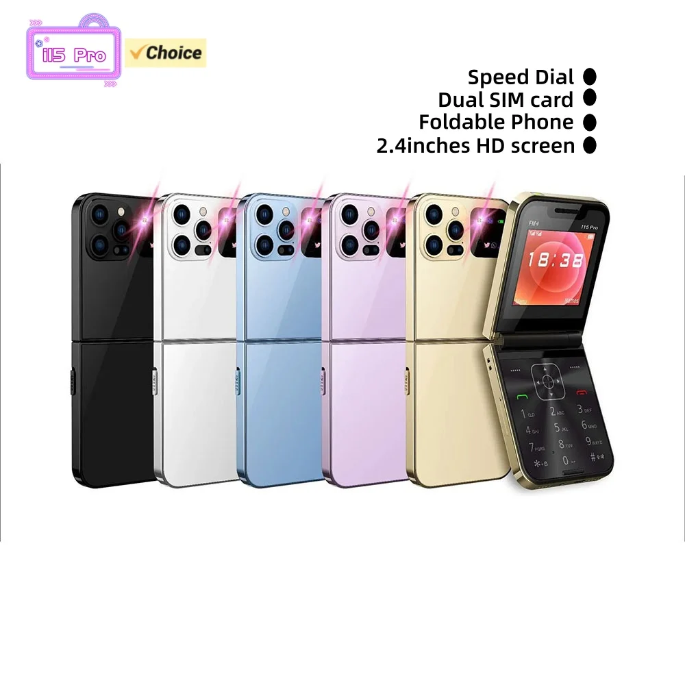 I15 Pro 2G Flip CellPhone 2.4inch MTK GSM Dual SIM Card Camera Bluetooth Type-C 1300mAh Multi-color Torch Mobile Phone