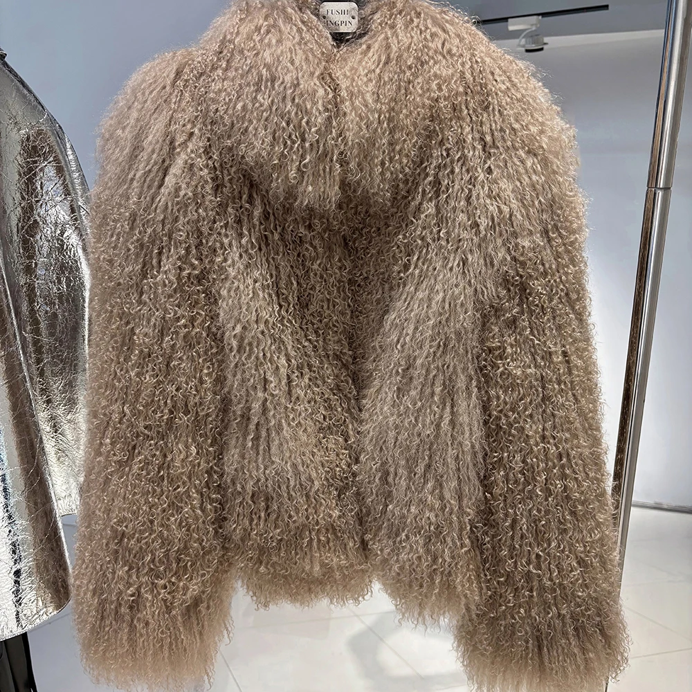 YOLOAgain High Collar Real Mongolia Sheep Fur Jacket For Women 2025 Winter Coats Outerwear