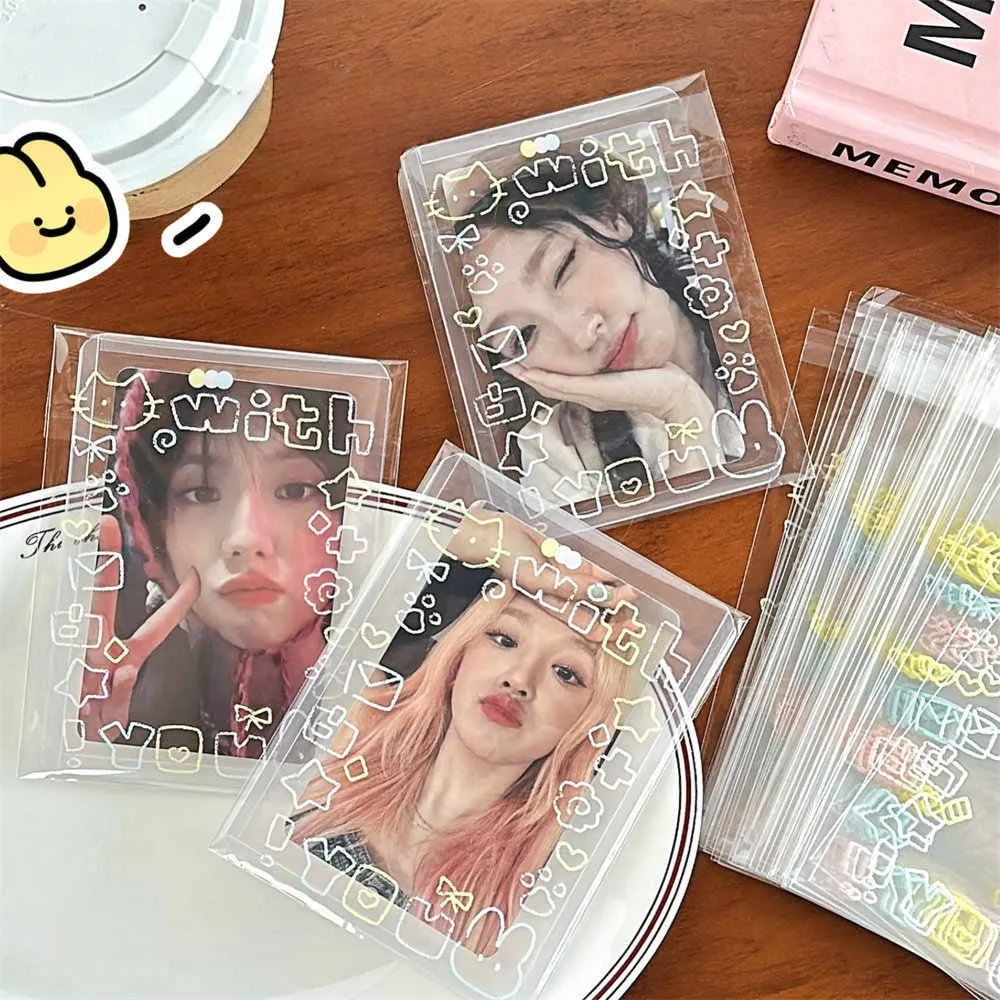 50count Kawaii Kitten Opp Self-Adhesive Bag And Hard Card Sleeves Card Combo Packaging Bag Small Photo Self Sealing Gift Bags