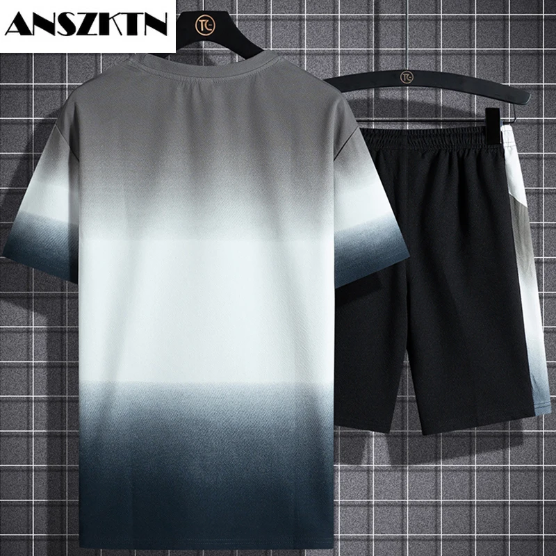 ANSZKTN ชายชุดกีฬาฤดูร้อนกางเกงขาสั้นเสื้อยืดกางเกงขาสั้นสบายๆ Custom Tracksuit Plus ขนาดชุดกีฬาสวมใส่2ชิ้นชุด