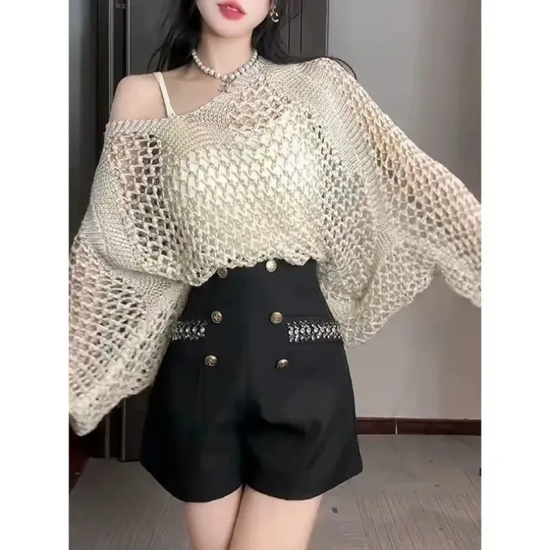 

Полый вязаный свитер для женщин, весна 2021, новая весенняя рубашка с длинными рукавами, рубашка, топ, повседневный универсальный пуловер