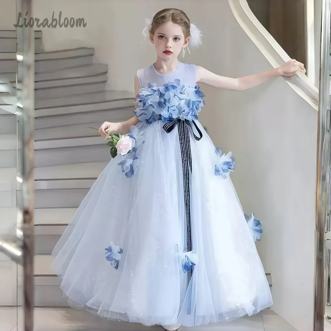 Elegante Abito Formale da Bambina Blu Stile Fata, Vestito Soffice in Tulle per Damigella, Abito da Cerimonia per Matrimonio
