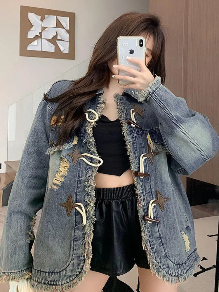 2023 New Women's Autumn Retro Fur Edge Loose Denim Coat Sheep Horn Button Casual Long Sleeved Streetwear Wide-waisted Jacket Top